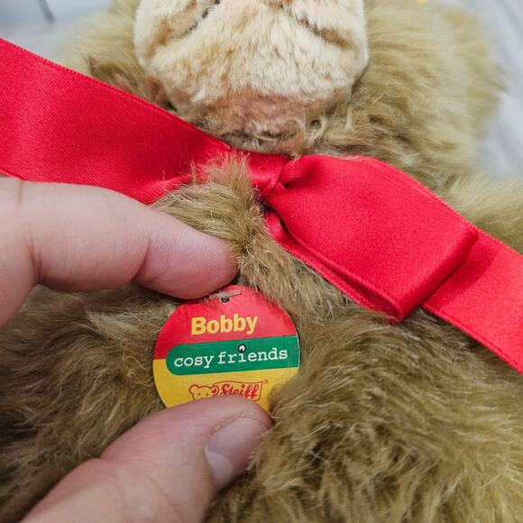 Steiff Bobby Cosy Friends Teddy Bear Brown Plush Red Ribbon STAINS WITH TAG - Picture 5 of 7